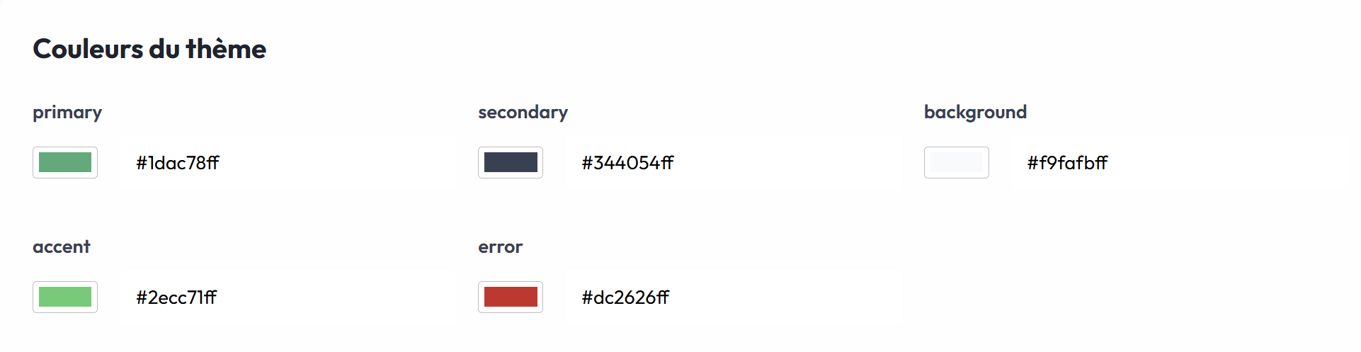 Section couleurs du thème